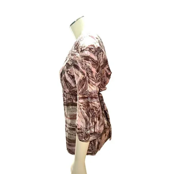 BCBG MaxAzria S Pink Brown Silk Blouse Abstract Print Draped V Neck Designer Top - Picture 3 of 12